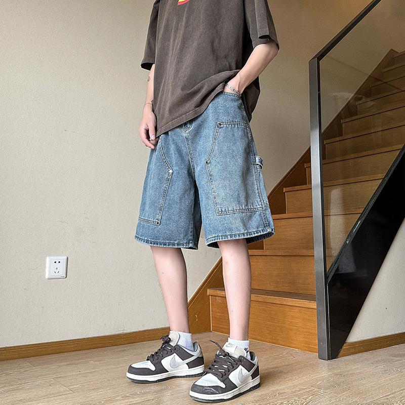 Tooling Denim Shorts Men's Summer Thin Trendy Brand Loose Straight Five-point Pants American Retro Washed Casual Pants
