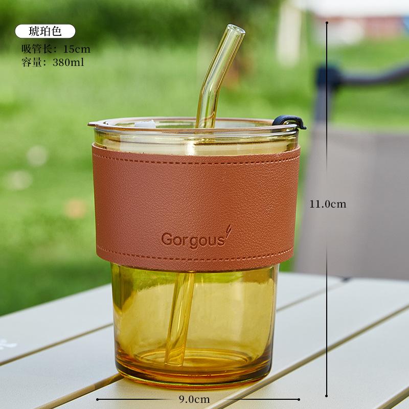 Press Bamboo Joint Good-looking Glass Water Universal Gift Cup Glass Straw Double Drink Cup Wholesale Coffee Cup 301-400ml янтарь