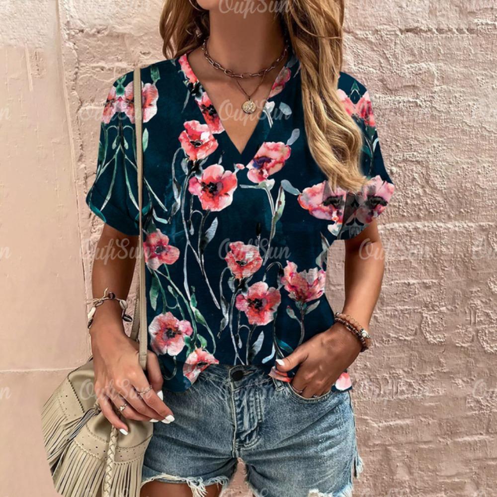 

Женская мода цветочный узор принт летняя одежда с коротким рукавом свободного покроя уличная повседневная женская футболка с V-образным вырезом 5XL