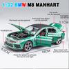 Modelo de coches de aleación fundido a presión de Metal M8 Manhart a escala 1/32, coche de juguete para niños, juguetes de regalo para niños, colección de pasatiempos para vehículos