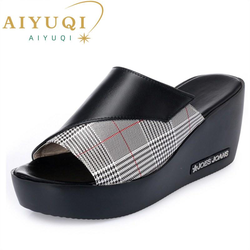 Fashion AIYUQI woman platform flip flops 2024 new summer women genuine leather slipper high heel shoes big size 41 42 43 women slipper