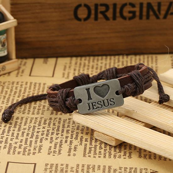 Unisex I LOVE JESUS Faux Leather Bangle Hemp Rope Chain Adjustable Bracelet