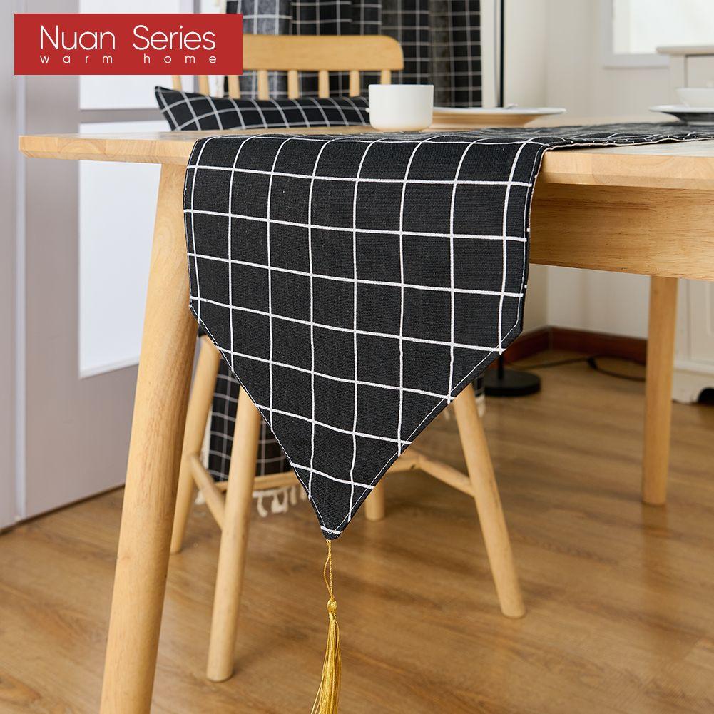 1PC Nuan Series Simple and Versatile Black Checkered Printed Cotton Linen Table Runner for Dinner Table Decor Kitchen for Home Table Home Decor