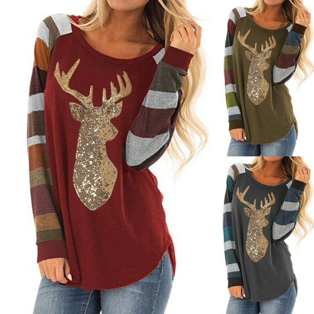 Festive Womens Christmas Tops With Sparkling Sequin Reindeer Long Sleeve Design