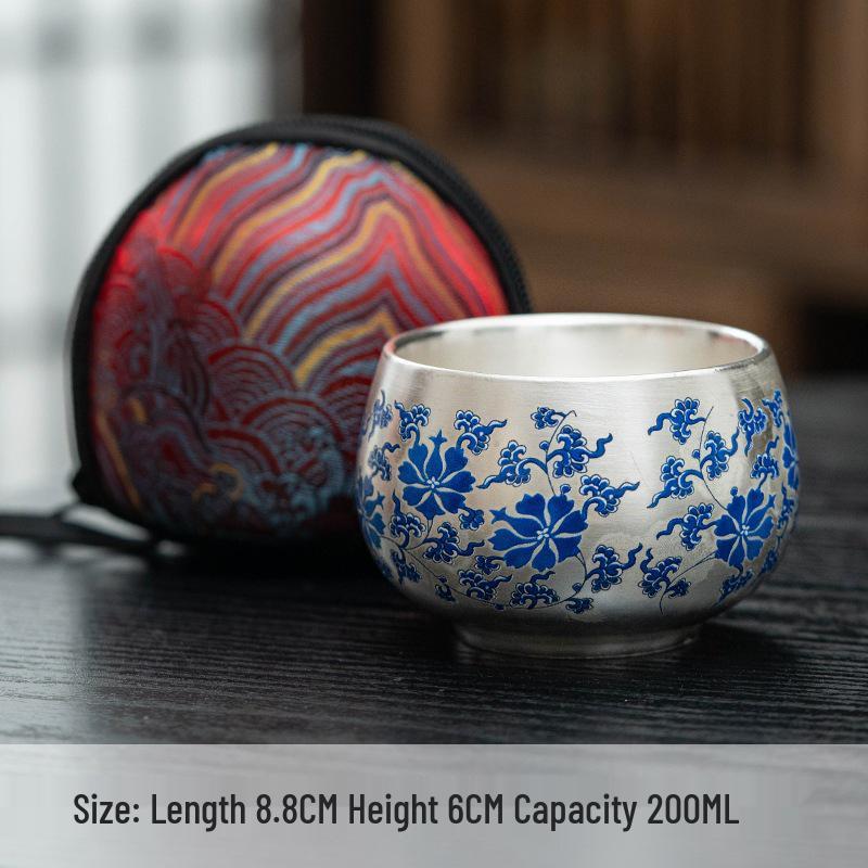 Handcrafted Sterling Silver Ceramic Tea Cup - Blue & White Lotus Design
