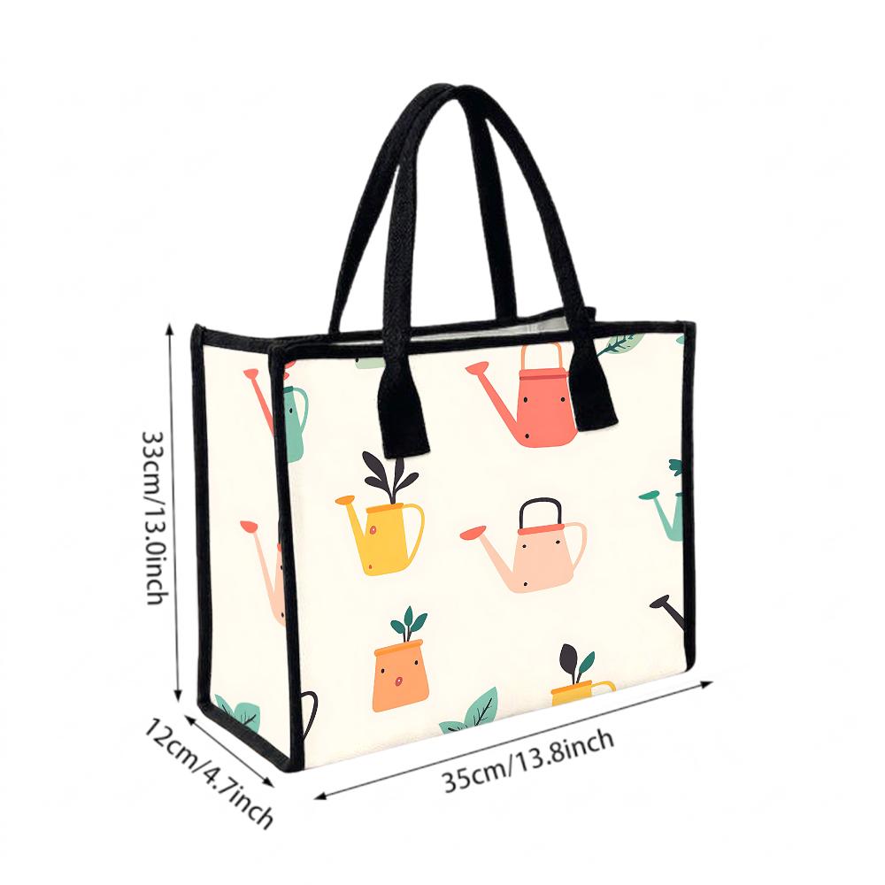 Cute Cartoon Watering Can Printed Tote Bag Portable Casual Daily Handbag for Shopping Travel and Work