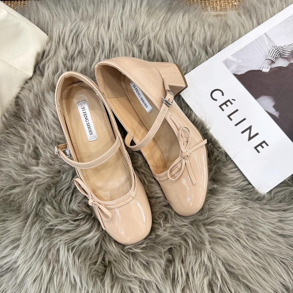 Süßes Mädchen dicker Absatz plus Innenhöhe 8cm runde Spitze Mary Jane Temperament Damen High Heels, flacher Ausschnitt Schleife Damenschuhe