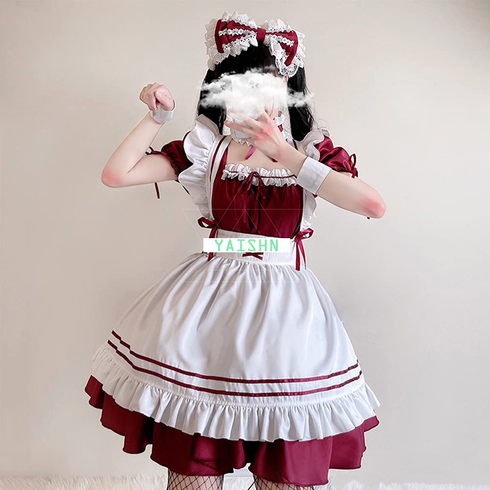 YAISHN Gothic Lolita Maid Halloween Short Bow Pink or Includes Knitted Tights and Headband Outfit, Cute, Popular, Costume, Women's, Cosplay, Sleeves,