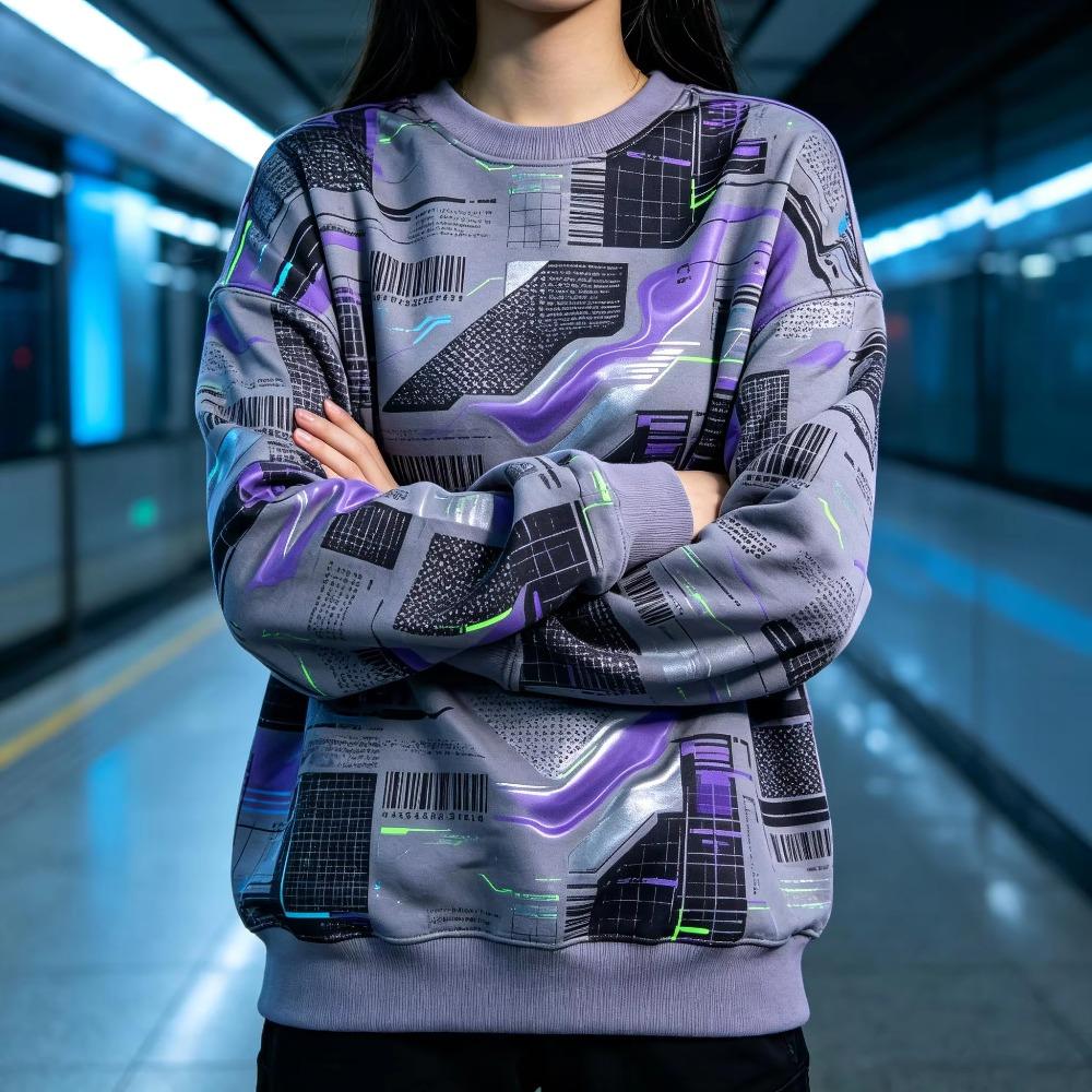Women Crew Neck Fleece Sweatshirt Cyberpunk Geometric Grid Line Print Long Sleeve Loose No Hood Warm Pullover