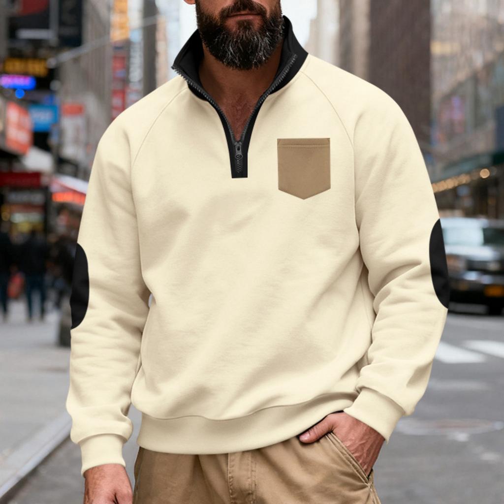 Men's Loose And Casual Two-color Fleece Stand-up Collar Pullover, Half-zipper Long-sleeved Sweatshirt