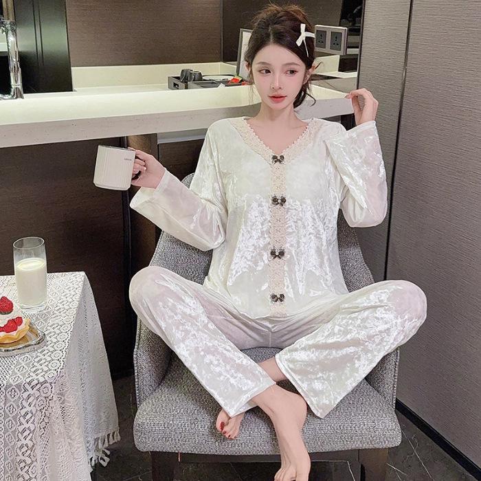 Luxurious Women's Long-Sleeve Gold Velvet Pajama Set