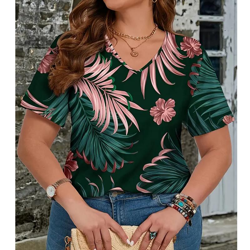 

Fashion Leaf Painting Blouses Short Sleeved V-Neck T Shirts Casual 8XL зелёный
