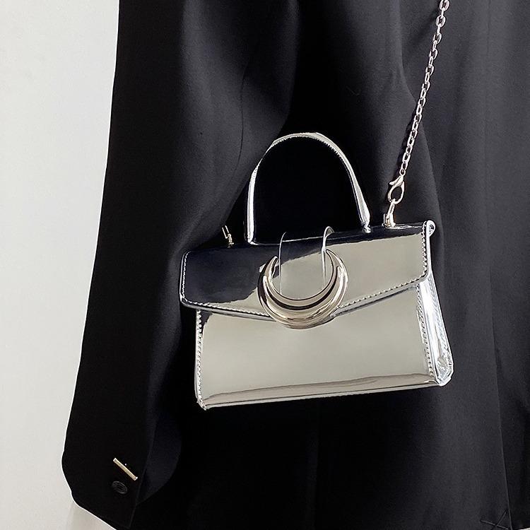 

High-end Moon Lock Bag for Women, New Silver Square Patent Leather Handbag, Chain Shoulder Crossbody Bag