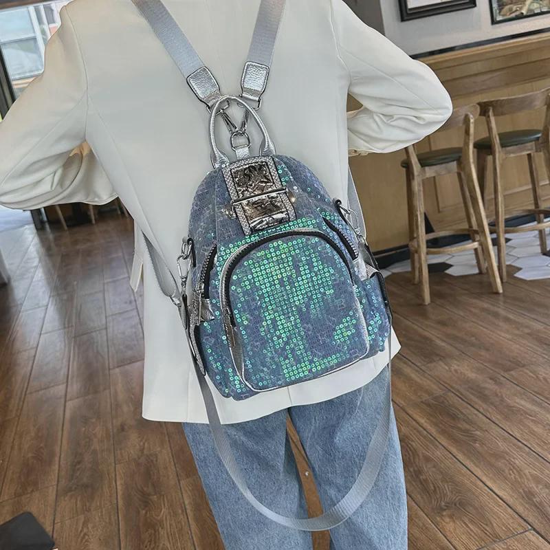 2023 Women's Versatile Western-Style Sequined Backpack – Trendy, Multi-Purpose, Small Size, Broad Strap Messenger Bag