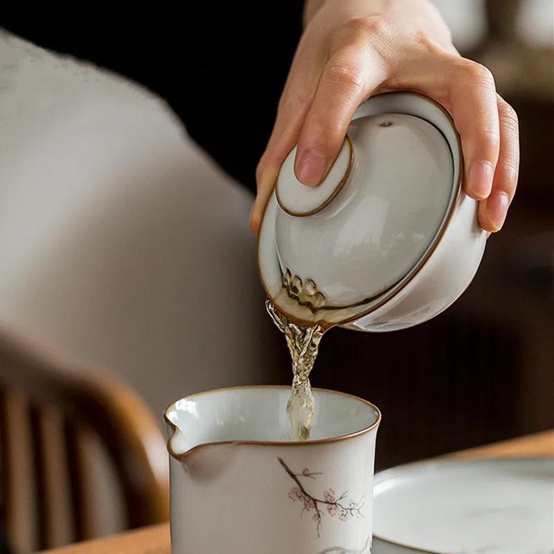 Retro Ru Kiln Ceramic Gaiwan Cute Cat Pattern Filter Teacup Travel Portable Tea Bowl Chinese Handmade Home Tea Set 100ml