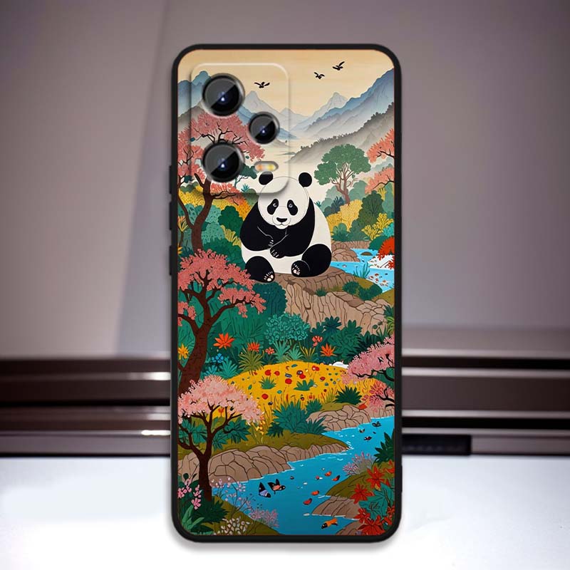 Cartoon Anime Panda Cute Phone Case For Xiaomi Redmi Note 15 14 13 12 12S 11E 11 11S Pro Plus 4G 5G Black Soft TPU
