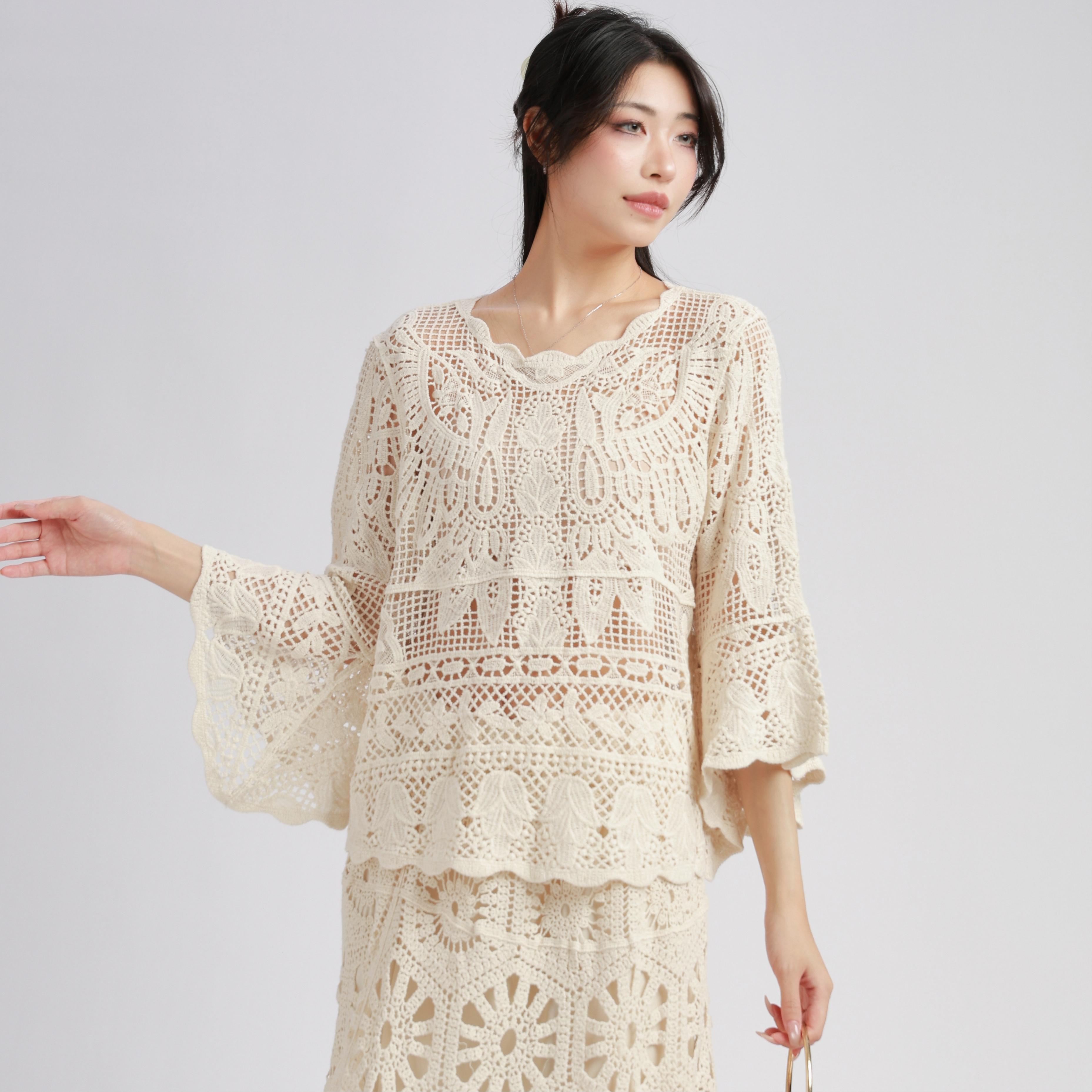 

DIMANAF 2025 Новая Летняя Базовая Рубашка Женская Блузка Летучая Мышь Топы Футболки Кружевная Свободная Белая Короткая Футболка One Size бежевый