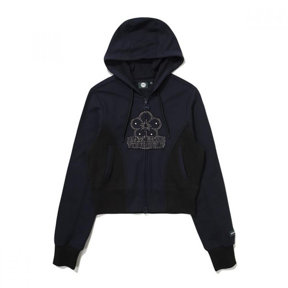 Women S Embroidered Crop Hoodie Zip Up  Navy  Model [24SS] 090