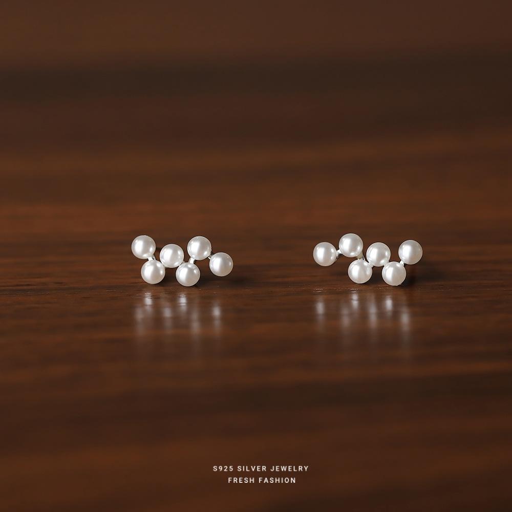 

925 Sterling Silver Pearl Grape Stud Earrings for Women Korean Temperament Gentle Wedding Jewelry Accessories срібний