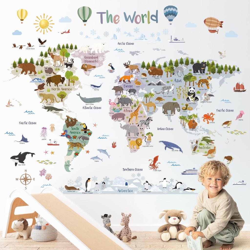 Decowall World Wall Sticker with 105 X 83 Educational Interior Wall Perfect for Baby and Peel and Stick Wall Decals Animals, Large, Cm, Decoration,