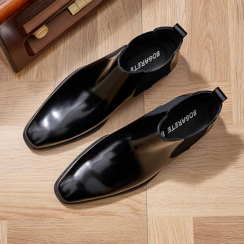 Men's British Style Genuine Cowhide Chelsea Boots - Shiny, Slip-On, Versatile High-Top Leather Footwear for Autumn/Winter