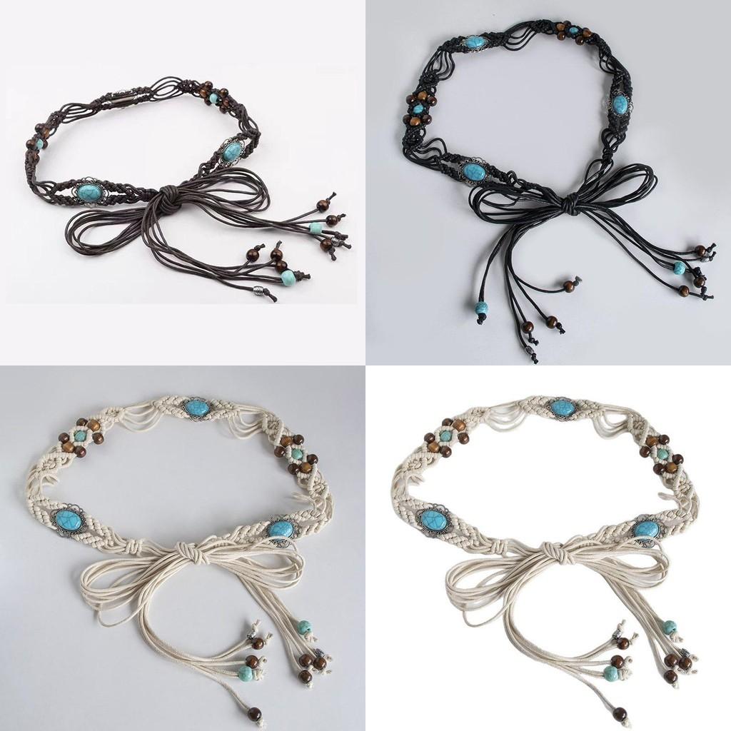 Bohemian Style Cotton Waist Belt With Turquoise Resin Beads For Summer Festival Outfits