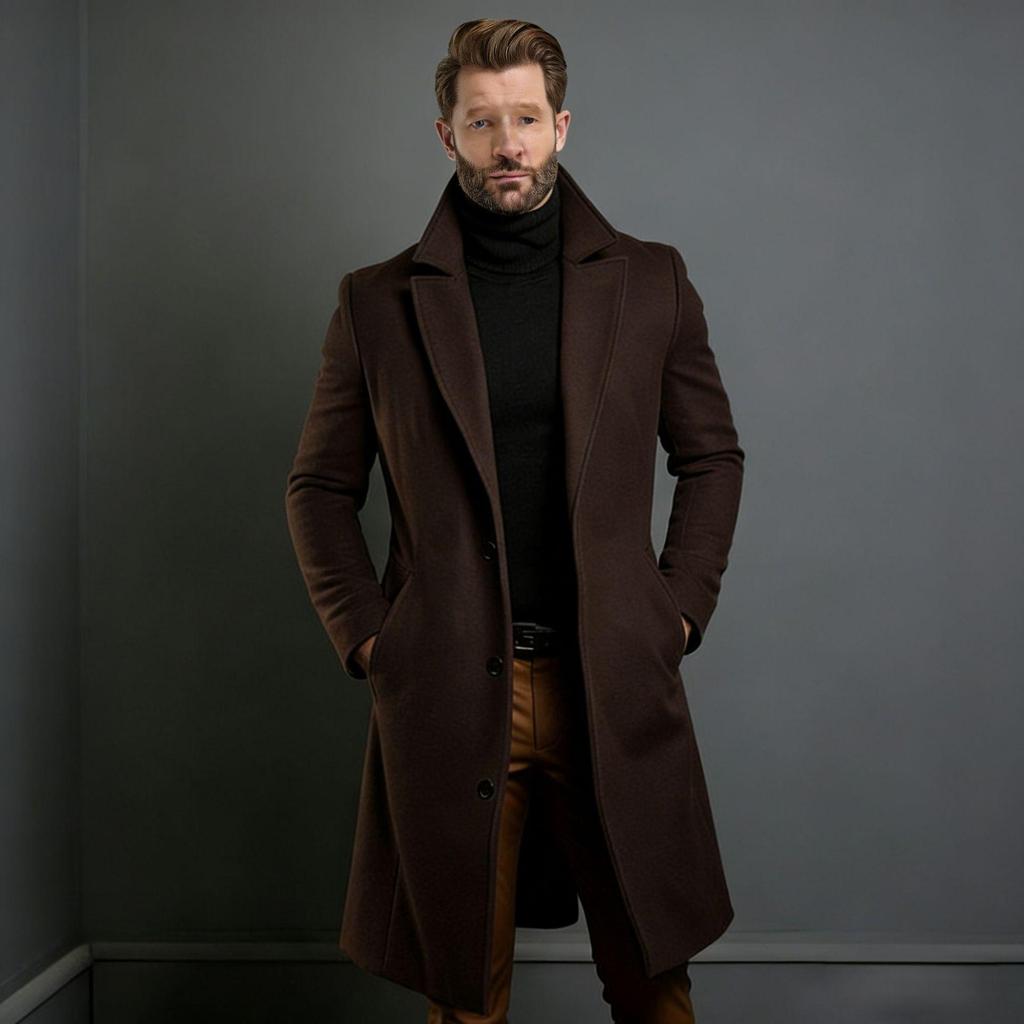 2025 European Men's Woolen Mid-Length Single-Breasted Fashion Overcoat