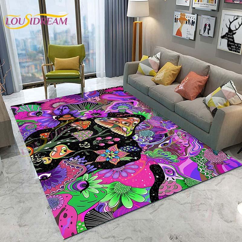 3D Starry Botanical Sun Moonlit Mushroom Rug Floral Hippie Moon Phase Carpet for Aesthetic Bedroom Living Room Vintage Game Mat