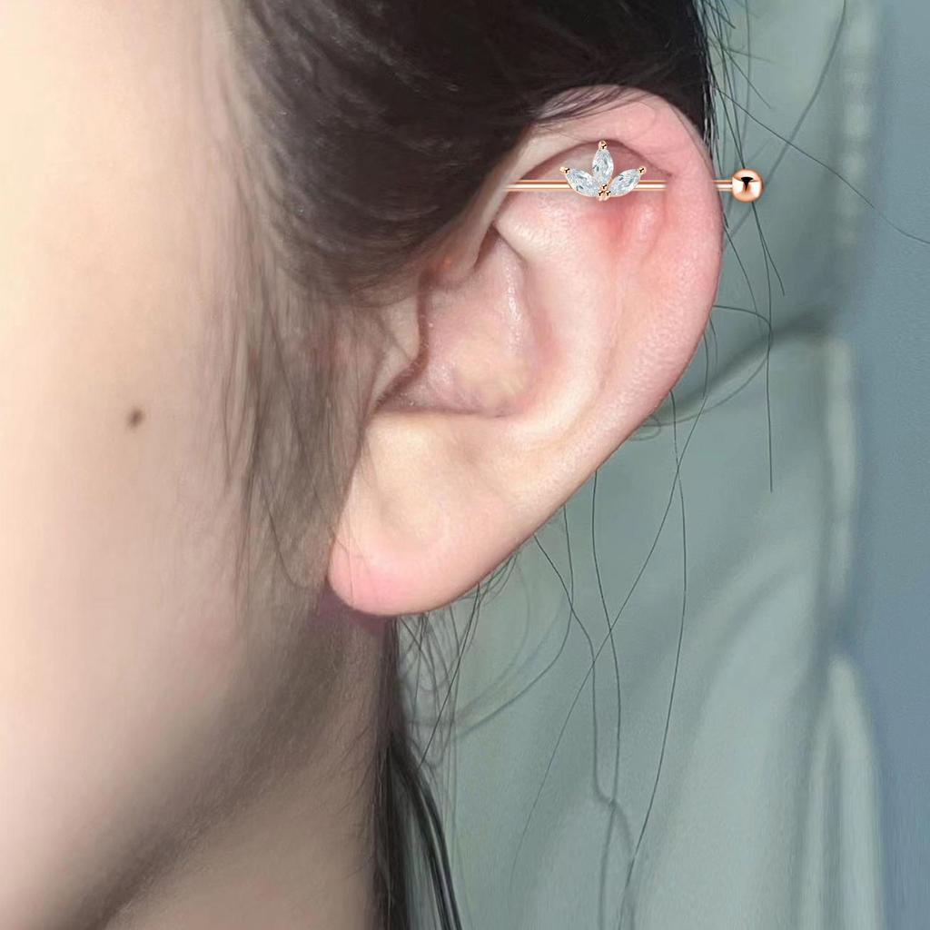 Stylish Industrial Barbell Earrings Stainless Steel Industrial Earrings Featuring Zirconia Leaf Design for Parties