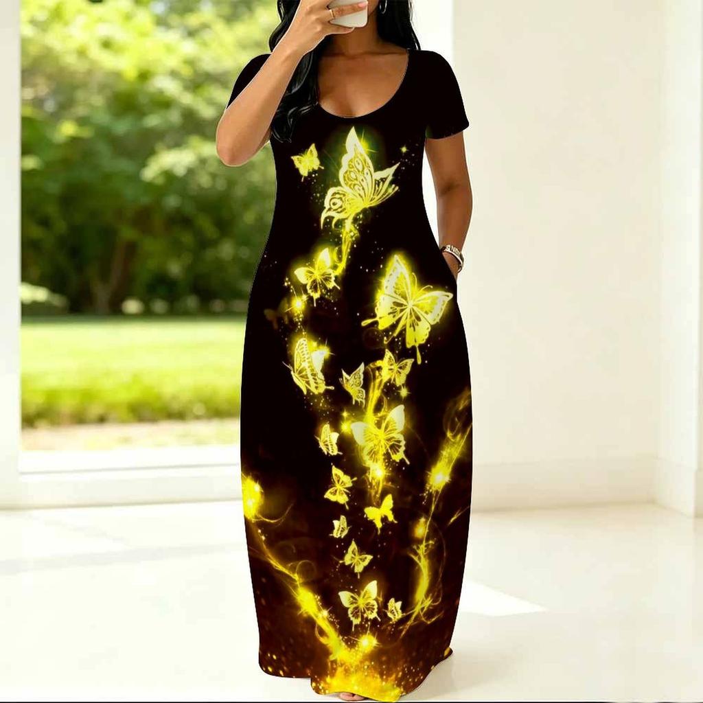 Curvy Women Round Neck Short Sleeve Dress Light Loose Outfit For Summer Daily Life