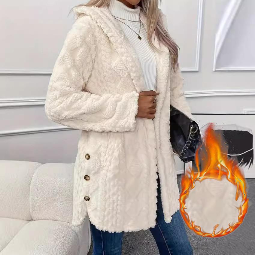 Thickened Plush Button Hooded Women's Cardigan Solid Color Long Sleeved Warm Sweaters Fashion Single-breasted Woman Clothing
