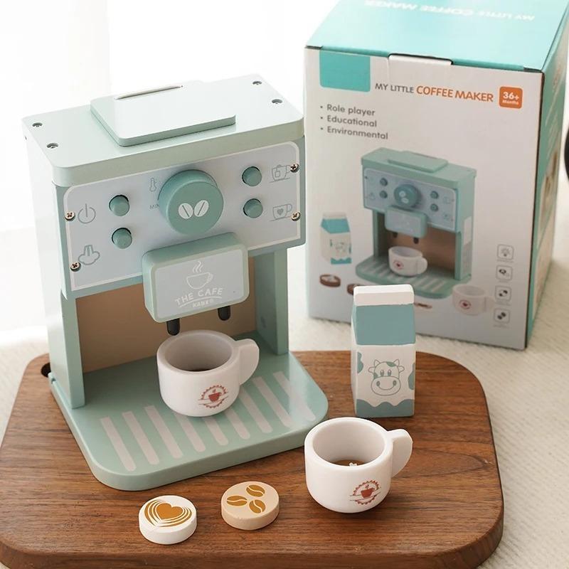 

Kids Wooden Kitchen Toys Set Coffee Maker Pretend Play Toys Simulation Coffee Machine for Boys Girls Interactive Role Play Gift