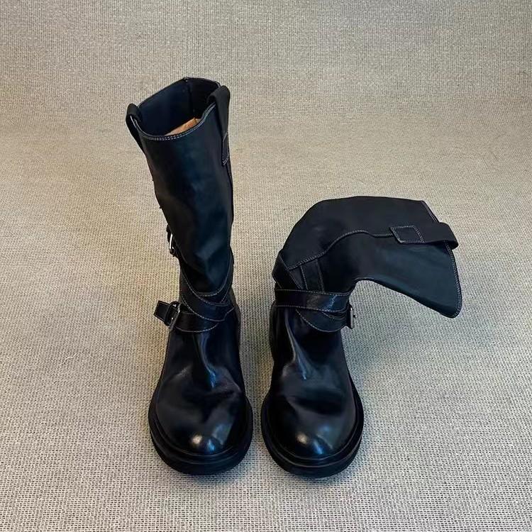 Cowhide version~ retro belt buckle mid boots western cowboy boots slim thick-soled fried street boots female knight boots