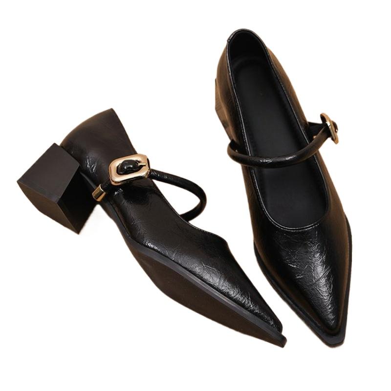 Women's Black/Coffee Pointed Toe Mary Jane Shoes Chunky Heel One-Strap Dress Pumps Classic Retro Office Ladies Footwear