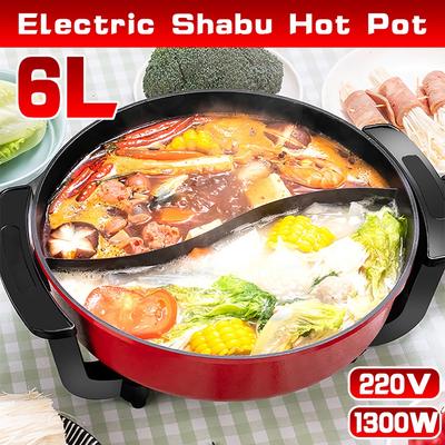 1300W 6L nerezové elektrické hrnce na horúcu polievku Nepriľnavé bezdymové domáce kuchynské nádoby s dvojitým deleným hrncom Shabu Hotpot