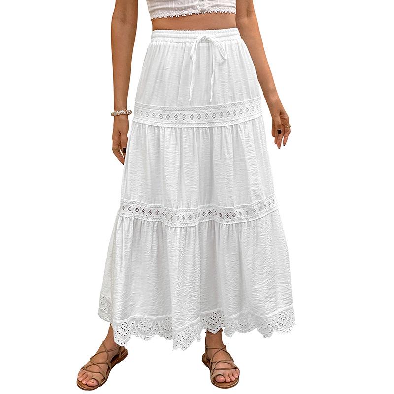 2025 Summer Lace Trim Patchwork Maxi Skirt - European Holiday Style