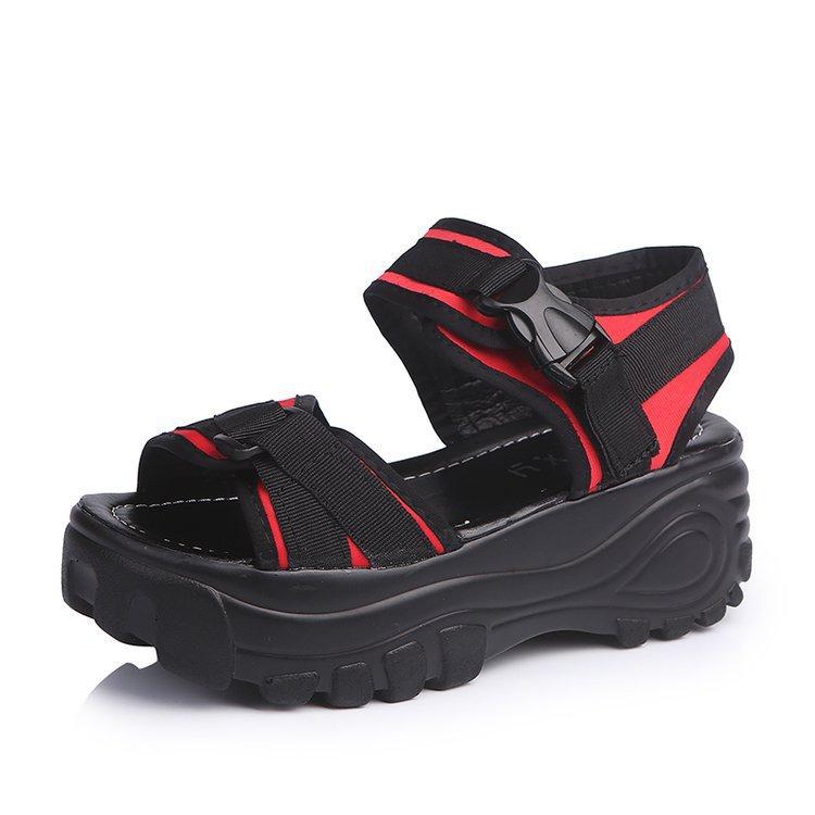 

Лето 2025 новые повседневные женские туфли на толстой подошве с увеличением высоты, женские сандалии-маффины на липучке, студенческие спортивные сандалии женские 34 красный