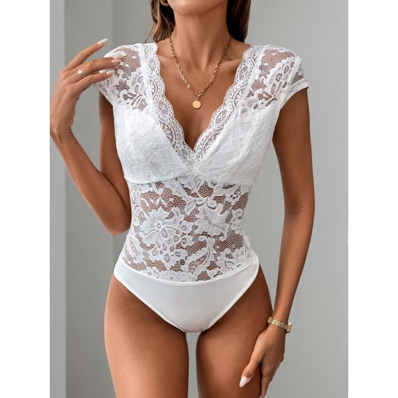 Sexy Slim Fit High Waist V Neck Lace Sleeveless White Women Jumpsuit