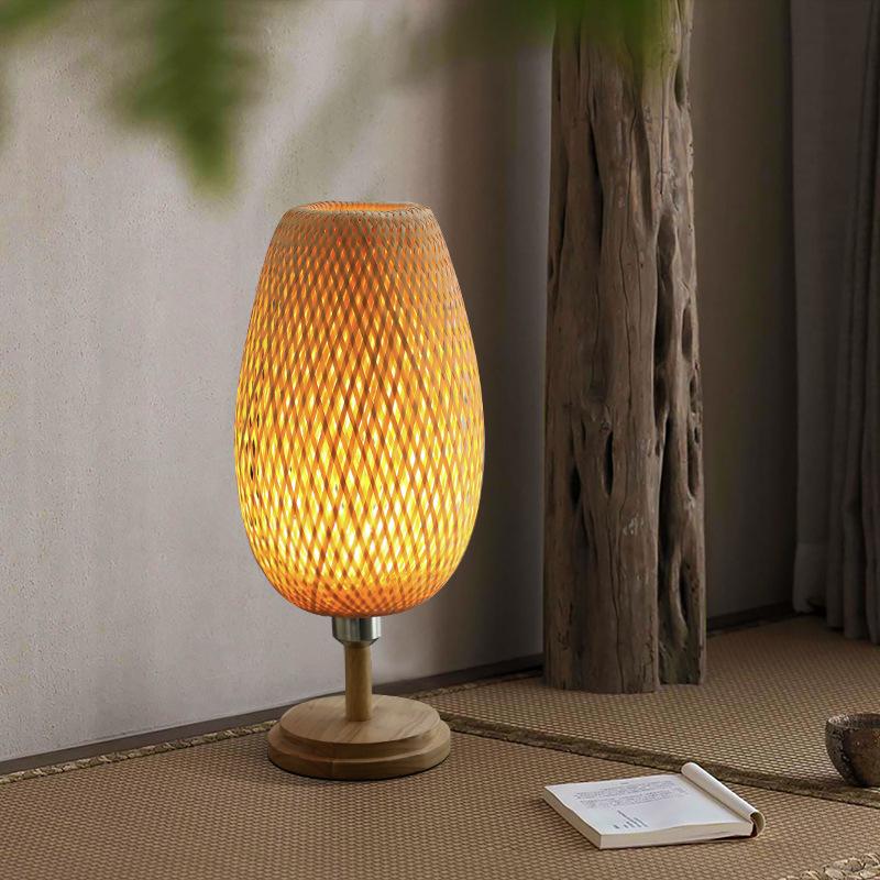 Japanese Wabi-Sabi Style Bamboo Table Lamp Hand Woven E27 Desk Light Simple Creative Design Night Light Bedroom Tea Room Hotel