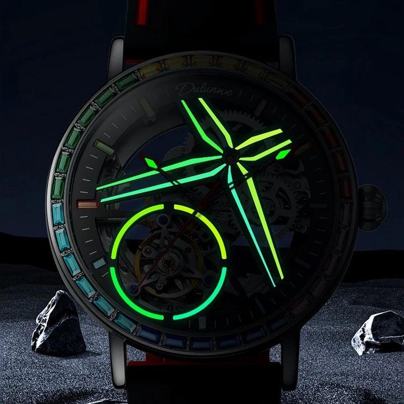 Herrenuhr Topmarke 3ATM Vollstahl Wasserdicht Automatisch Mechanisch Skelett Design Tourbillon Leuchtend Herrenuhr