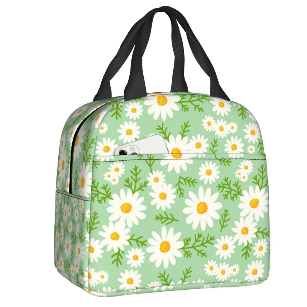 Floral Daisy Print Insulated Lunch Bag for Women Chamomile Flowers Cooler Thermal Lunch Tote Box Portable Picnic Food Bento Bags