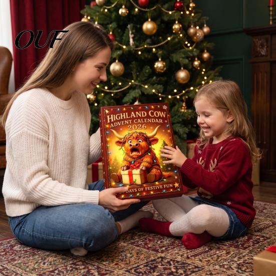 New Year Gift Sets 24 Days 3D Highland Cow Advent Calendar 2026, Christmas Countdown Festive Box with Cute Farm Cattle Mini Figurines for Holiday Desk