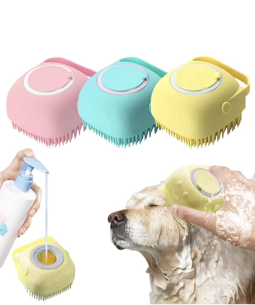 Dog Bathing Brush Pet Massage Brush Shampoo Dispenser Soft Silicone Brush Rubber Bristle for Dogs and Cats Shower Grooming Tool