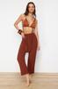 Women's Fashion New Trousers Brown Woven Muslin Trousers