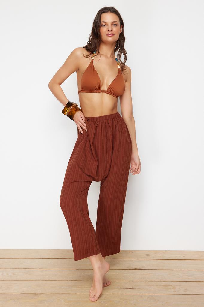 Women's Fashion New Trousers Brown Woven Muslin Trousers