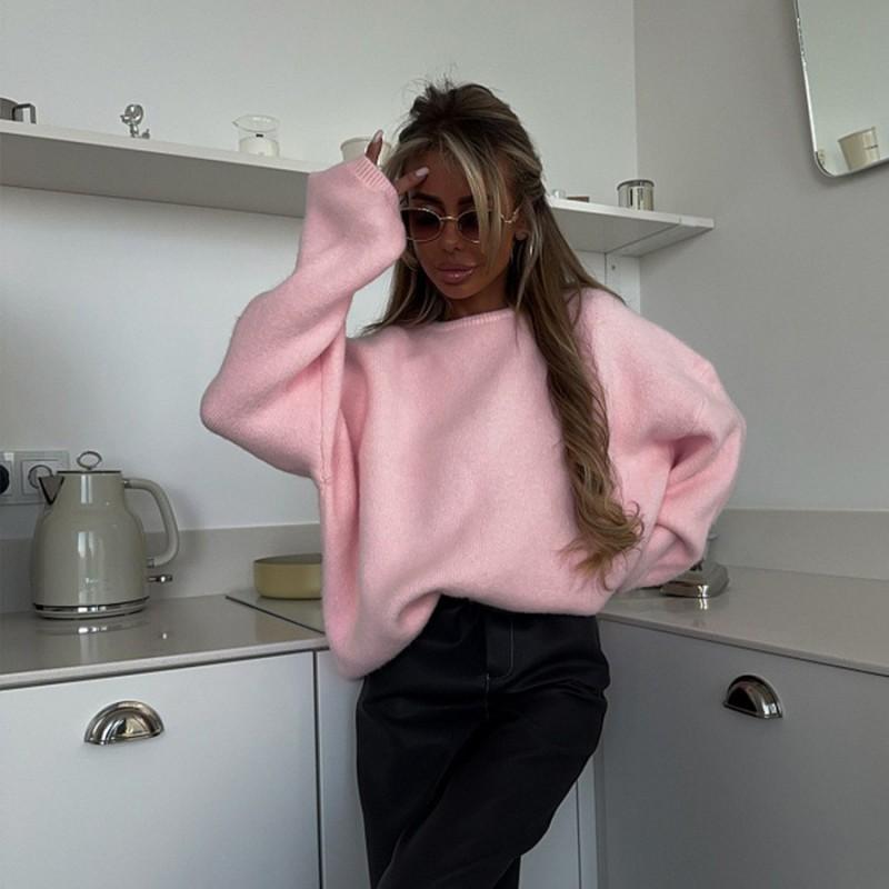 2026 Womens Soft Solid Color Round Neck Long Sleeve Knit Sweater Loose Fit Casual Elegant Style