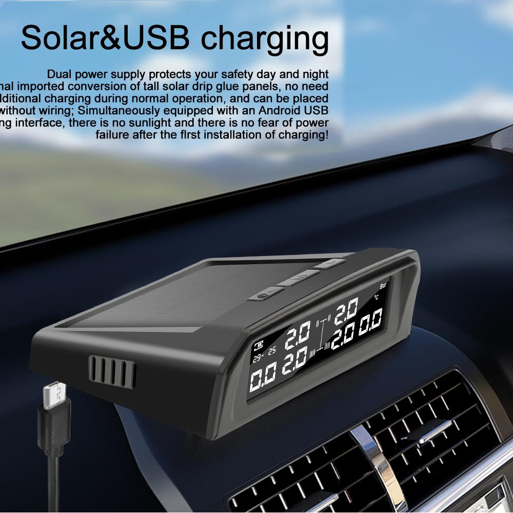 Smart Car Tire Pressure Monitor Solar-Powered TPMS with LCD Display - External/Internal Sensors, IPX7 Waterproof, Real-Time Monitoring System