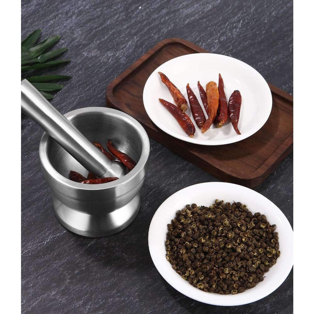 Stainless Steel Manual Mortar and Pestle Set with Silicone Lid - Ideal for Kitchen & Restaurant Use, Perfect for Herbs & Spices
