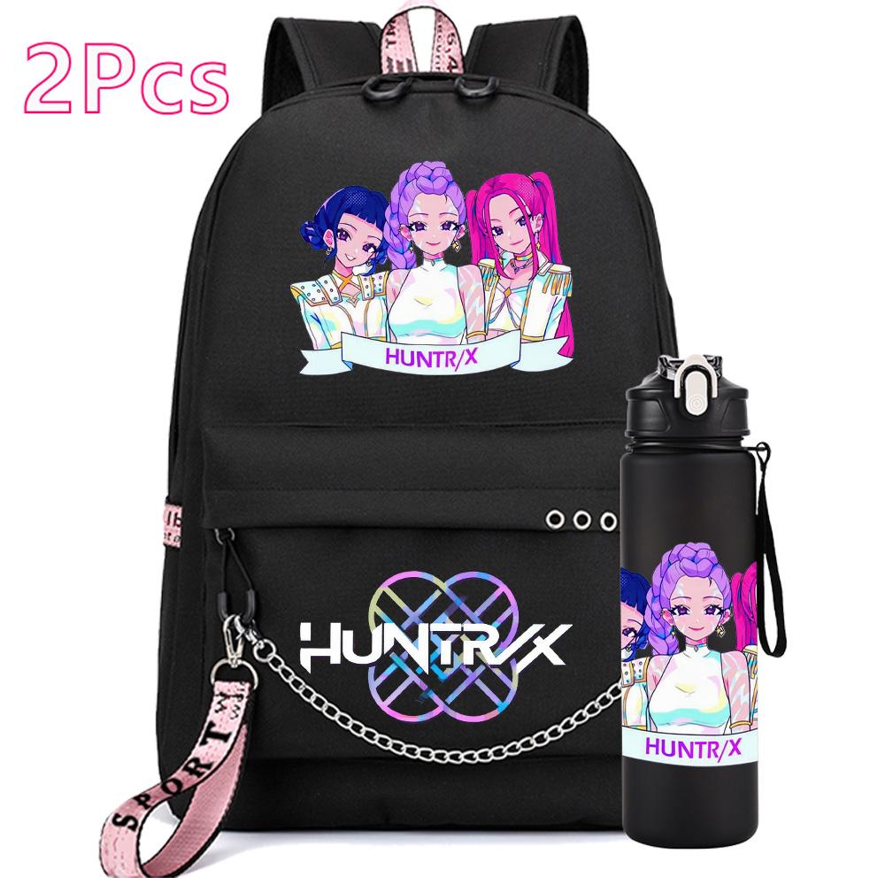2Pcs/set Anime Cute Kpop Printed Backpack with 750Ml Water Bottler for Teenager Girl Boy Bookbag Kid Gift Large Capacity Travel Bag Rucksak