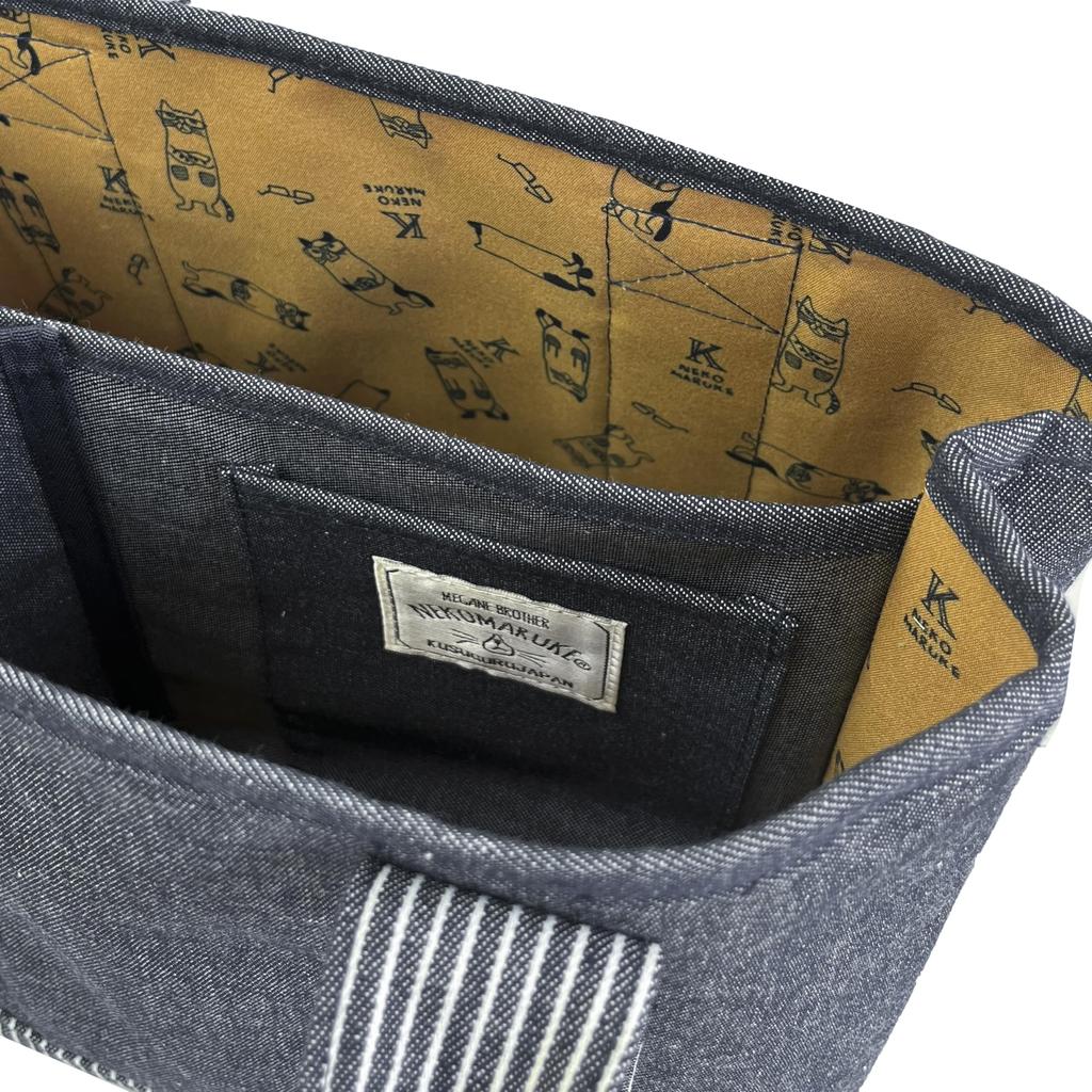 [Kusuguru Japan] Yarn-dyed Denim-Style Divided Tote Bag, Small, Nekomaruke NB